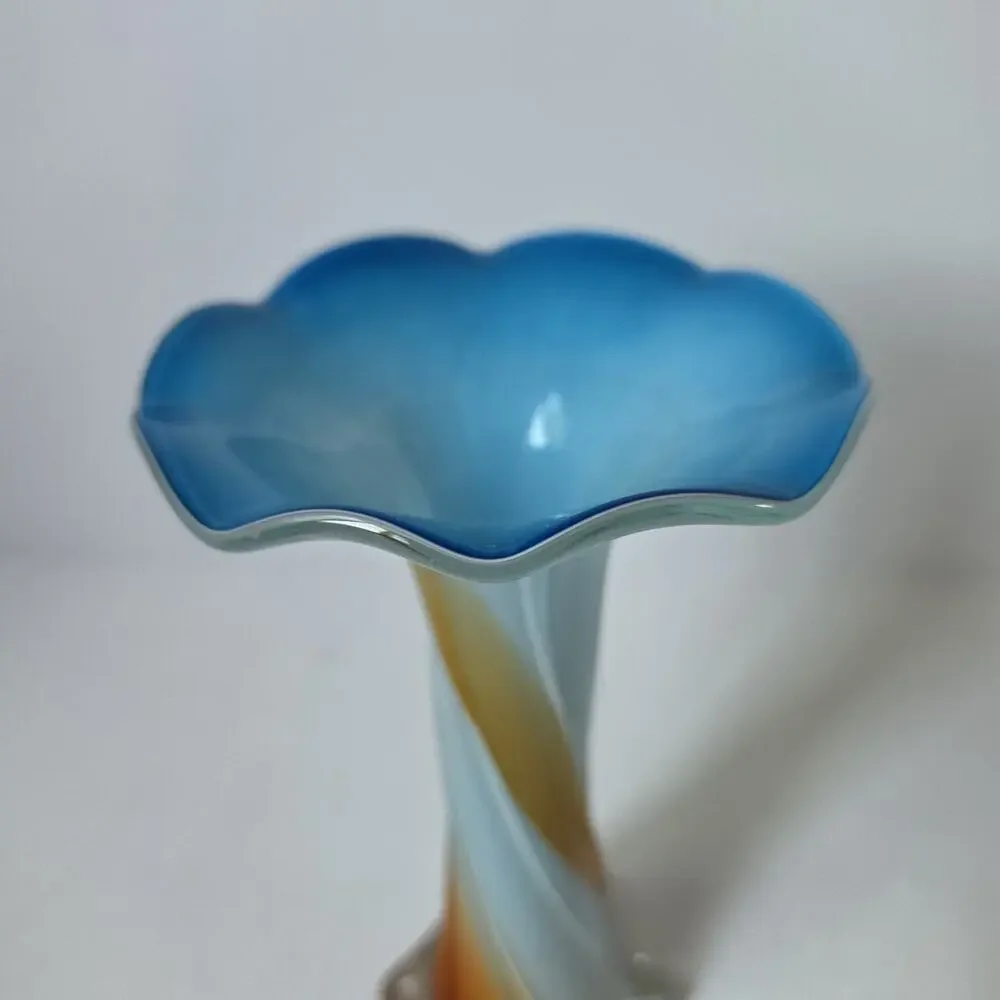 Vtg Murano Style Jack in the Pulpit Orange Blue White Ribbed Art Glass Vase 9”